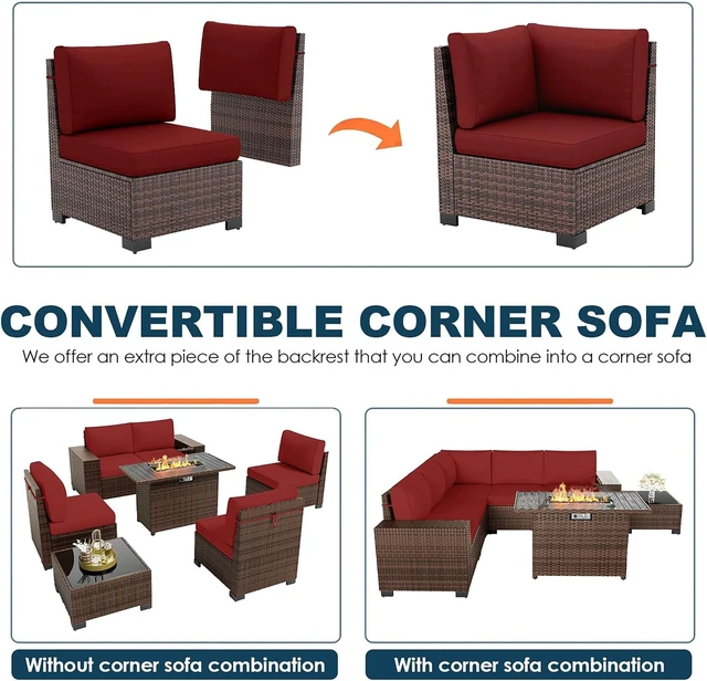 Alt view image 6 of 6 - 7-Piece Wicker Rattan Patio Furniture Set with Fire Pit Table & Coffee Table, Outdoor Sectional Sofa with 4'' Thickened Cushion for Patio, Garden & Backyard, Wine Red