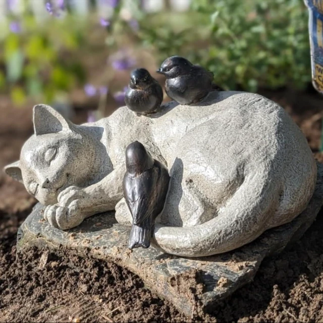 Main image of 12" Sleeping Cat Garden Statue with Sparrows, Memorial Resin Figurine 12" x 8" x 4.5" for Outdoor Decor & Grave Markers