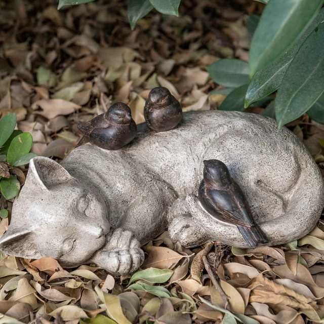 Alt view image 2 of 7 - 12" Sleeping Cat Garden Statue with Sparrows, Memorial Resin Figurine 12" x 8" x 4.5" for Outdoor Decor & Grave Markers