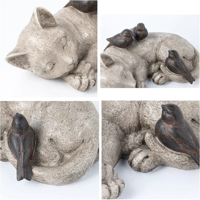 Alt view image 3 of 7 - 12" Sleeping Cat Garden Statue with Sparrows, Memorial Resin Figurine 12" x 8" x 4.5" for Outdoor Decor & Grave Markers