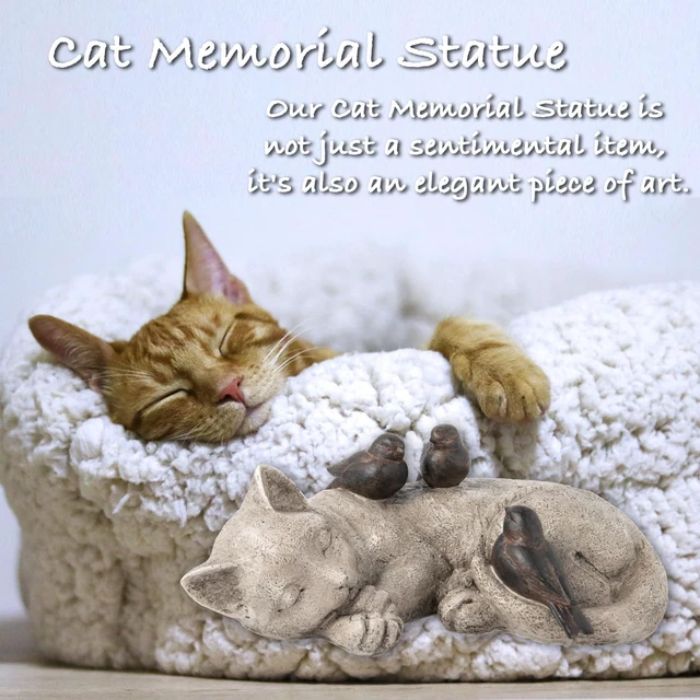 Alt view image 4 of 7 - 12" Sleeping Cat Garden Statue with Sparrows, Memorial Resin Figurine 12" x 8" x 4.5" for Outdoor Decor & Grave Markers