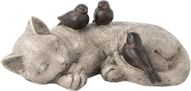 Alt view image 5 of 7 - 12" Sleeping Cat Garden Statue with Sparrows, Memorial Resin Figurine 12" x 8" x 4.5" for Outdoor Decor & Grave Markers