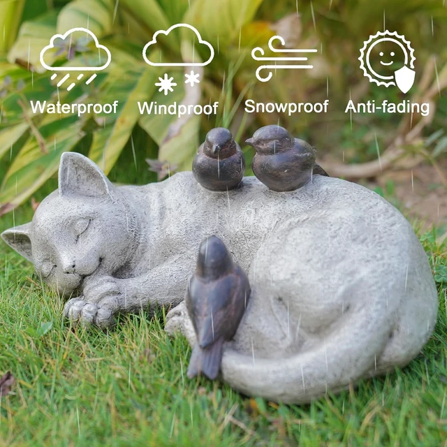 Alt view image 6 of 7 - 12" Sleeping Cat Garden Statue with Sparrows, Memorial Resin Figurine 12" x 8" x 4.5" for Outdoor Decor & Grave Markers