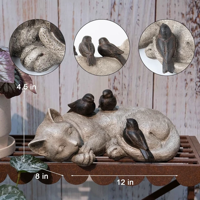 Alt view image 7 of 7 - 12" Sleeping Cat Garden Statue with Sparrows, Memorial Resin Figurine 12" x 8" x 4.5" for Outdoor Decor & Grave Markers