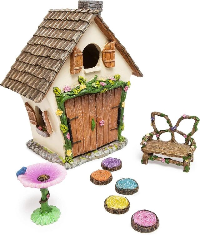 Main image of Fairy Garden House Kit with Accessories, Butterfly Seat, Bird Bath, Stepping Stones & Magnetic Door Closure for Indoor/Outdoor Use