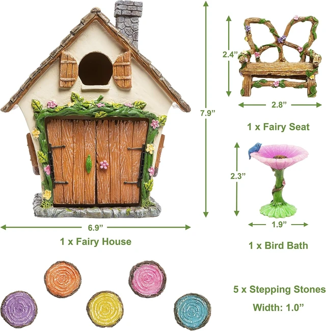 Alt view image 3 of 7 - Fairy Garden House Kit with Accessories, Butterfly Seat, Bird Bath, Stepping Stones & Magnetic Door Closure for Indoor/Outdoor Use