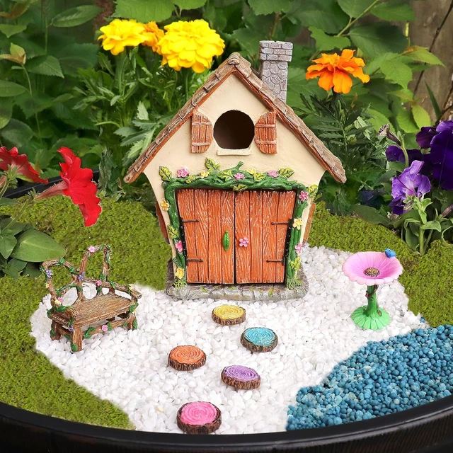 Alt view image 2 of 7 - Fairy Garden House Kit with Accessories, Butterfly Seat, Bird Bath, Stepping Stones & Magnetic Door Closure for Indoor/Outdoor Use