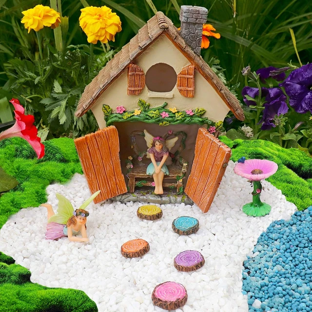 Alt view image 6 of 7 - Fairy Garden House Kit with Accessories, Butterfly Seat, Bird Bath, Stepping Stones & Magnetic Door Closure for Indoor/Outdoor Use