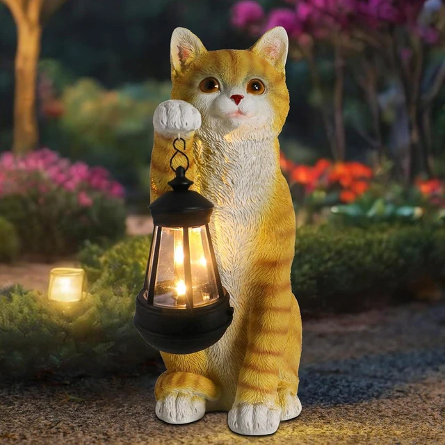 Main image of Orange Cat Solar Garden Statue with Lantern, Outdoor Cat Gifts