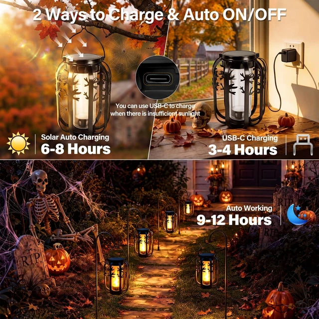Alt view image 3 of 7 - 4 Pack USB-C Rechargeable Halloween Solar Lanterns, 4 Lighting Modes
