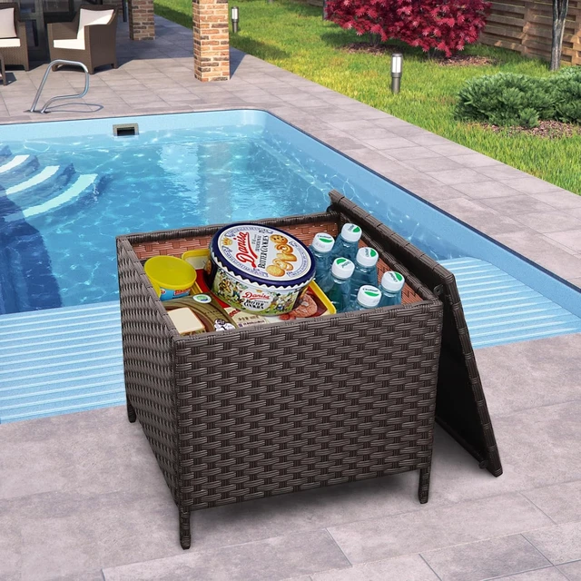 Alt view image 3 of 7 - Brown PE Rattan Wicker Outdoor Storage Side Table, Square Patio End Table for Furniture Covers, Toys & Gardening Tools