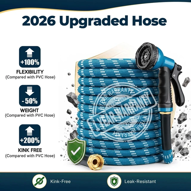 Alt view image 2 of 7 - 2026 Upgraded 100 ft Kink-Free Flexible Garden Hose with 10-Pattern Spray Nozzle, Leak-Proof, Ultra Lightweight & Durable for Yard, Lawn & Outdoor, Blue & White