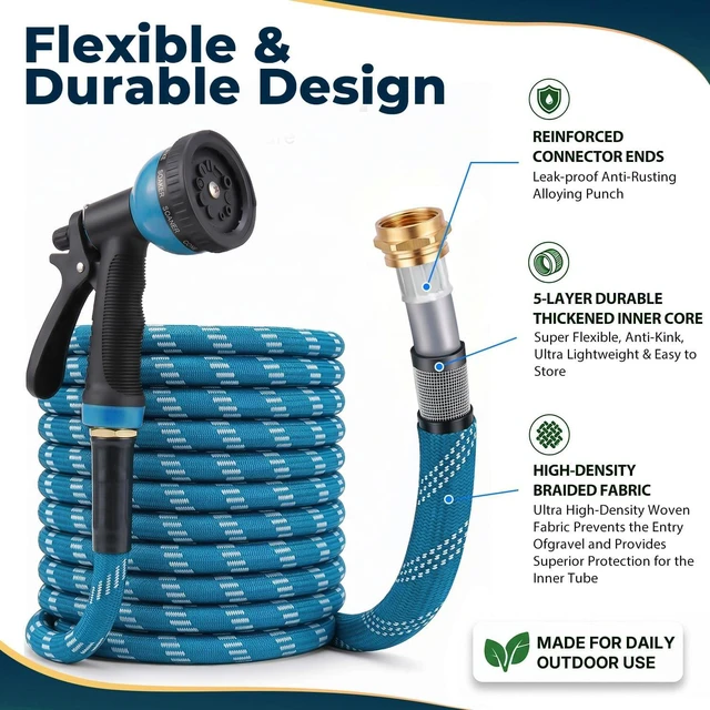 Alt view image 3 of 7 - 2026 Upgraded 100 ft Kink-Free Flexible Garden Hose with 10-Pattern Spray Nozzle, Leak-Proof, Ultra Lightweight & Durable for Yard, Lawn & Outdoor, Blue & White