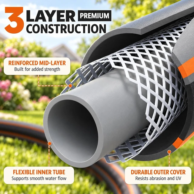 Alt view image 2 of 7 - 100FT 1/2" Non-Expandable Lightweight Hybrid Garden Hose with Solid Brass Fittings, Flexible, Tangle & Leak Resistant for Backyard, Garden, Car Washing & Outdoor Use