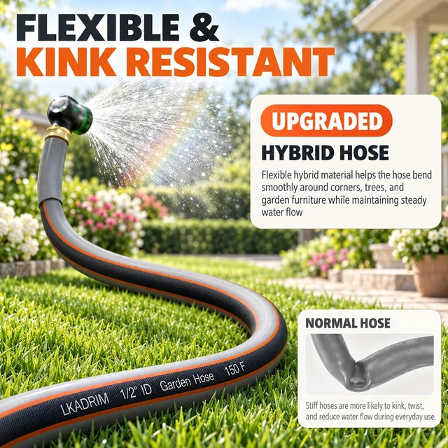 Alt view image 3 of 7 - 100FT 1/2" Non-Expandable Lightweight Hybrid Garden Hose with Solid Brass Fittings, Flexible, Tangle & Leak Resistant for Backyard, Garden, Car Washing & Outdoor Use