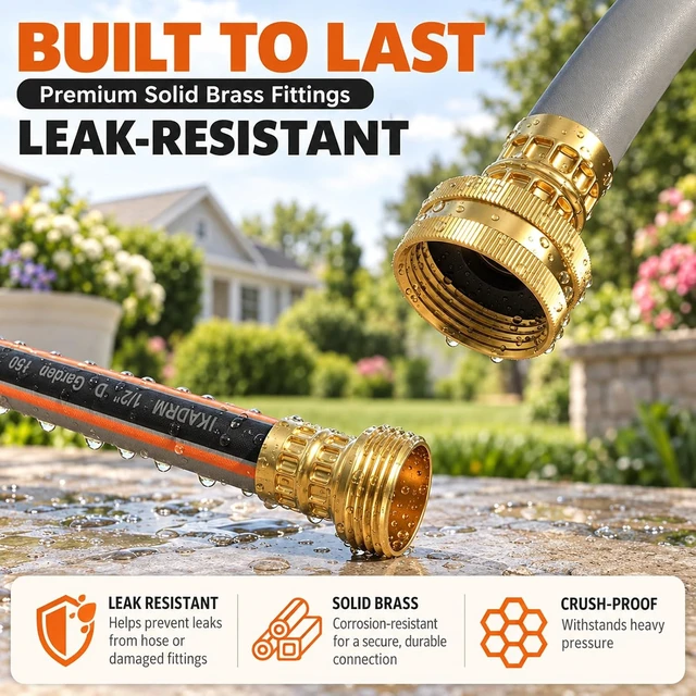 Alt view image 4 of 7 - 100FT 1/2" Non-Expandable Lightweight Hybrid Garden Hose with Solid Brass Fittings, Flexible, Tangle & Leak Resistant for Backyard, Garden, Car Washing & Outdoor Use