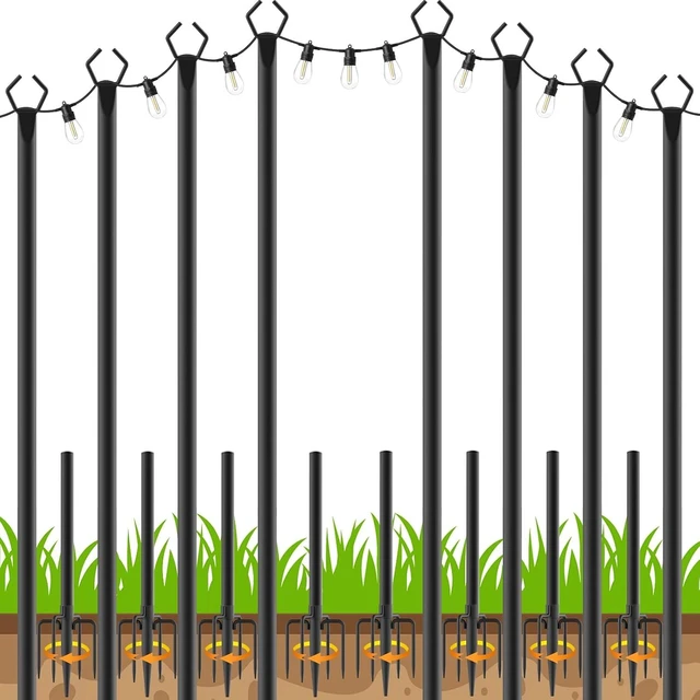 Main image of 8 Pack 10 FT Metal String Light Poles with Fork, Outdoor Poles/Post/Stand for Outside