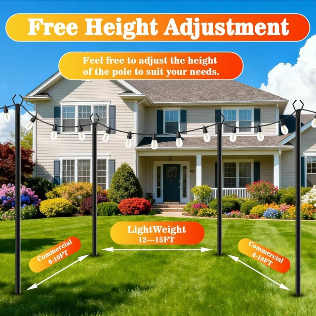 Alt view image 6 of 7 - 8 Pack 10 FT Metal String Light Poles with Fork, Outdoor Poles/Post/Stand for Outside