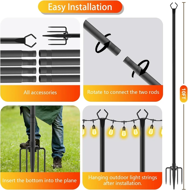 Alt view image 7 of 7 - 8 Pack 10 FT Metal String Light Poles with Fork, Outdoor Poles/Post/Stand for Outside
