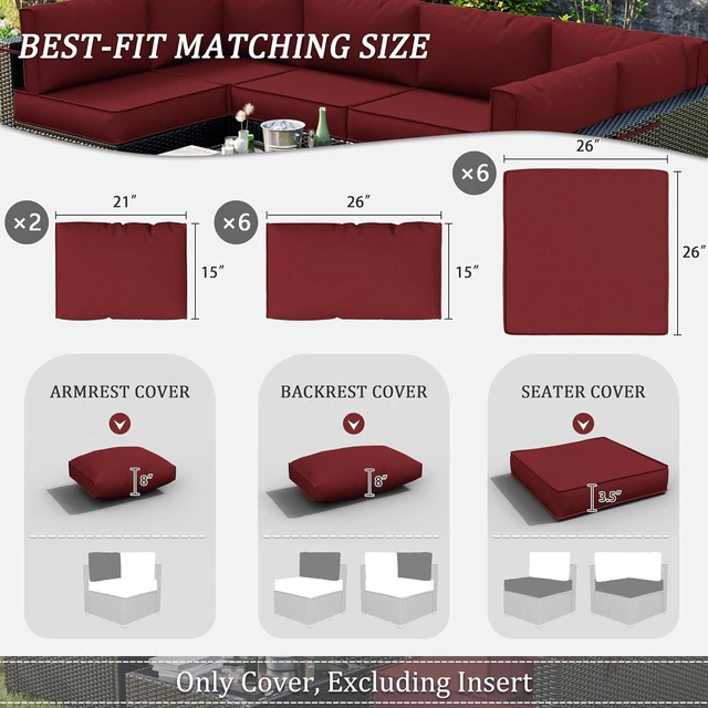 Alt view image 5 of 6 - 14 Pcs Waterproof Outdoor Patio Cushion Covers with Zippers, Non-Slip Replaceable Furniture Covers in 3 Sizes for Backyard & Garden, Burgundy
