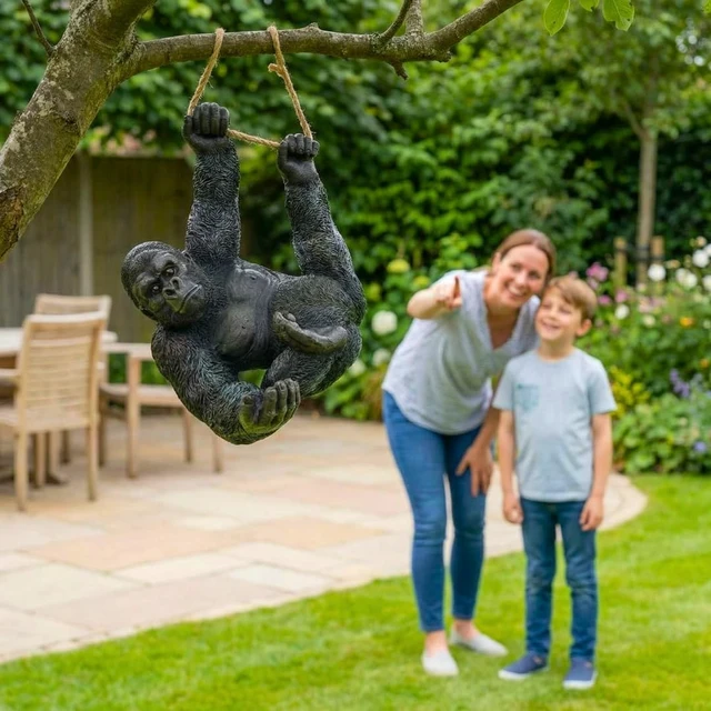 Alt view image 2 of 7 - 26 in Hanging Gorilla Outdoor Decor, Realistic Resin Monkey Statue on Rope for Front Porch, Patio, Yard, Tree & Fence