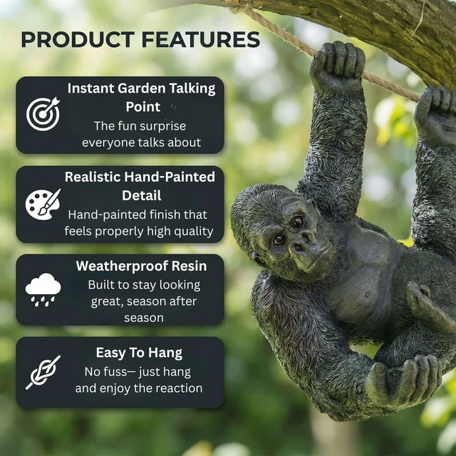 Alt view image 3 of 7 - 26 in Hanging Gorilla Outdoor Decor, Realistic Resin Monkey Statue on Rope for Front Porch, Patio, Yard, Tree & Fence