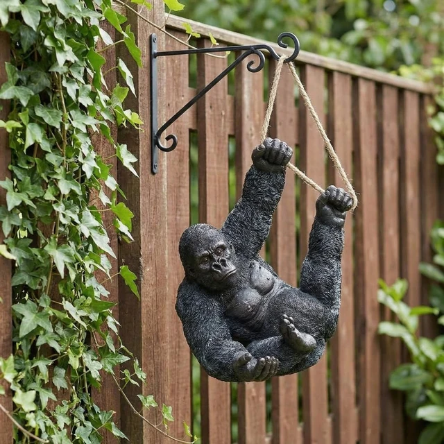 Alt view image 5 of 7 - 26 in Hanging Gorilla Outdoor Decor, Realistic Resin Monkey Statue on Rope for Front Porch, Patio, Yard, Tree & Fence