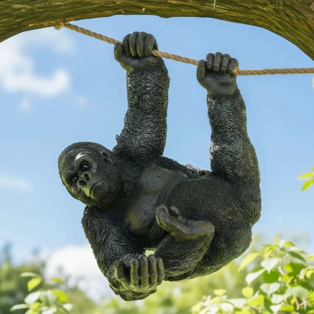 Alt view image 7 of 7 - 26 in Hanging Gorilla Outdoor Decor, Realistic Resin Monkey Statue on Rope for Front Porch, Patio, Yard, Tree & Fence