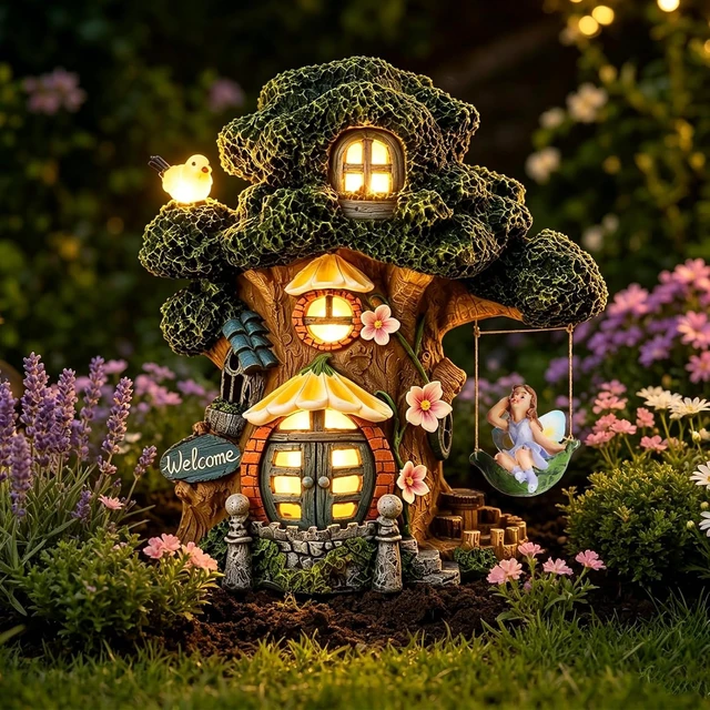 Alt view image 7 of 7 - Solar Fairy Garden House, Tree Stump Cottage for Outside