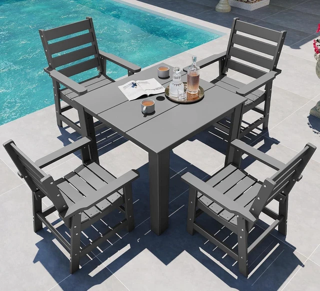 Main image of 5-Piece HDPE Patio Dining Set, Square Table & 4 Chairs, Gray