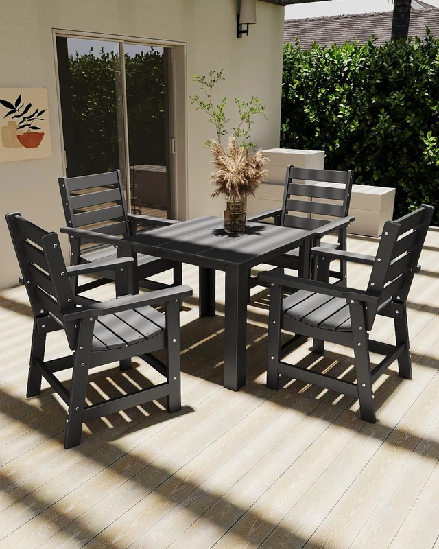 Alt view image 4 of 7 - 5-Piece HDPE Patio Dining Set, Square Table & 4 Chairs, Gray