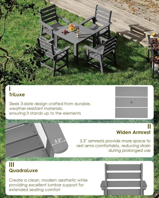 Alt view image 5 of 7 - 5-Piece HDPE Patio Dining Set, Square Table & 4 Chairs, Gray