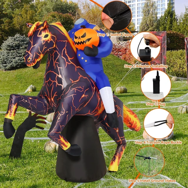 Alt view image 3 of 6 - 6FT Headless Horseman Halloween Inflatable with Built-in LEDs, Outdoor Blow-Up Lightning Horse Yard for Indoor Party, Garden & Lawn Decor