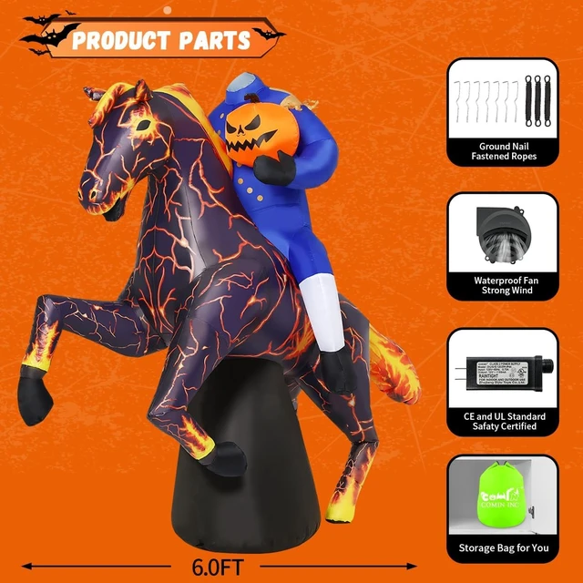 Alt view image 6 of 6 - 6FT Headless Horseman Halloween Inflatable with Built-in LEDs, Outdoor Blow-Up Lightning Horse Yard for Indoor Party, Garden & Lawn Decor