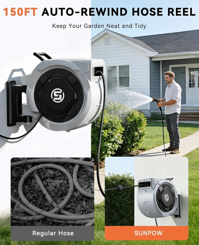 Alt view image 2 of 7 - 1/2" x 150ft Retractable Wall-Mounted Garden Hose Reel with 3/4'' Brass Fitting & 10-Pattern Nozzle, Auto Slow Retraction, Any-Length Lock, 180° Swivel for Lawn & Gardening