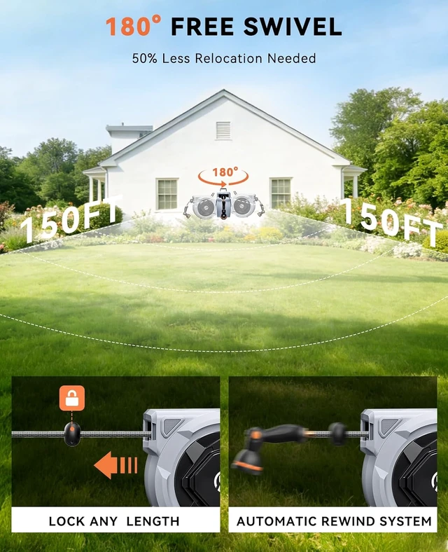 Alt view image 4 of 7 - 1/2" x 150ft Retractable Wall-Mounted Garden Hose Reel with 3/4'' Brass Fitting & 10-Pattern Nozzle, Auto Slow Retraction, Any-Length Lock, 180° Swivel for Lawn & Gardening