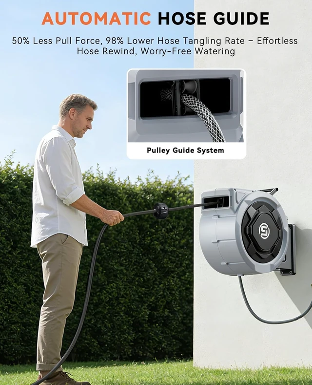 Alt view image 6 of 7 - 1/2" x 150ft Retractable Wall-Mounted Garden Hose Reel with 3/4'' Brass Fitting & 10-Pattern Nozzle, Auto Slow Retraction, Any-Length Lock, 180° Swivel for Lawn & Gardening