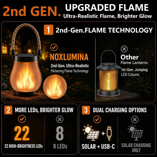 Alt view image 2 of 7 - 6 Pack 2nd Gen Waterproof Solar Lanterns with Ultra-Realistic Flickering Flame, USB-C/Solar Charging Hanging Lantern for Backyard, Patio & Garden Decor