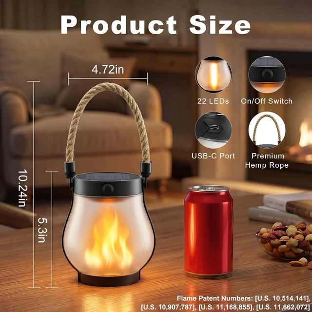 Alt view image 4 of 7 - 6 Pack 2nd Gen Waterproof Solar Lanterns with Ultra-Realistic Flickering Flame, USB-C/Solar Charging Hanging Lantern for Backyard, Patio & Garden Decor