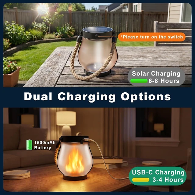 Alt view image 5 of 7 - 6 Pack 2nd Gen Waterproof Solar Lanterns with Ultra-Realistic Flickering Flame, USB-C/Solar Charging Hanging Lantern for Backyard, Patio & Garden Decor