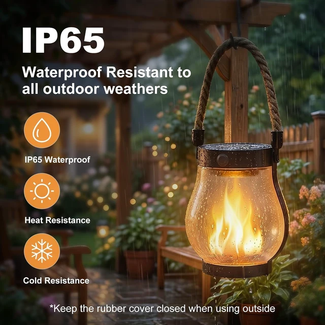 Alt view image 7 of 7 - 6 Pack 2nd Gen Waterproof Solar Lanterns with Ultra-Realistic Flickering Flame, USB-C/Solar Charging Hanging Lantern for Backyard, Patio & Garden Decor