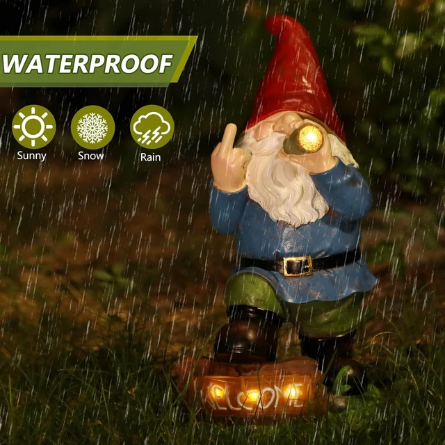 Alt view image 2 of 7 - 13.5" Tall Funny Solar Garden Gnome Statue with LED Lights, Outdoor Decor