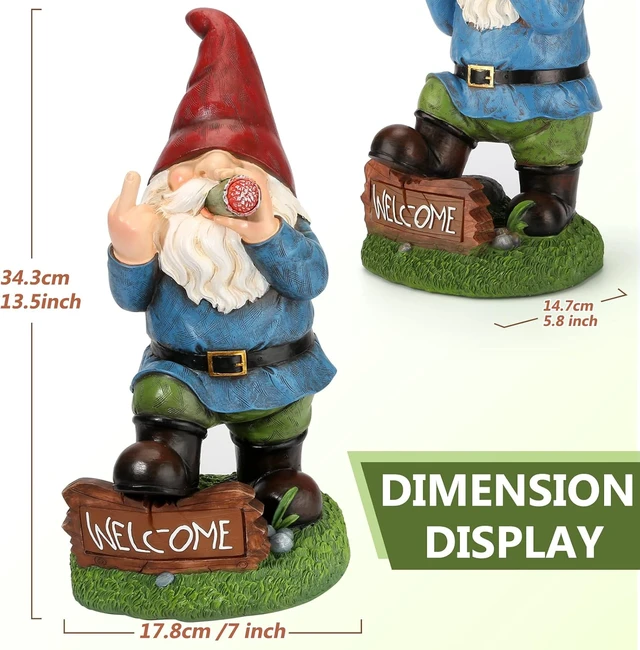 Alt view image 3 of 7 - 13.5" Tall Funny Solar Garden Gnome Statue with LED Lights, Outdoor Decor