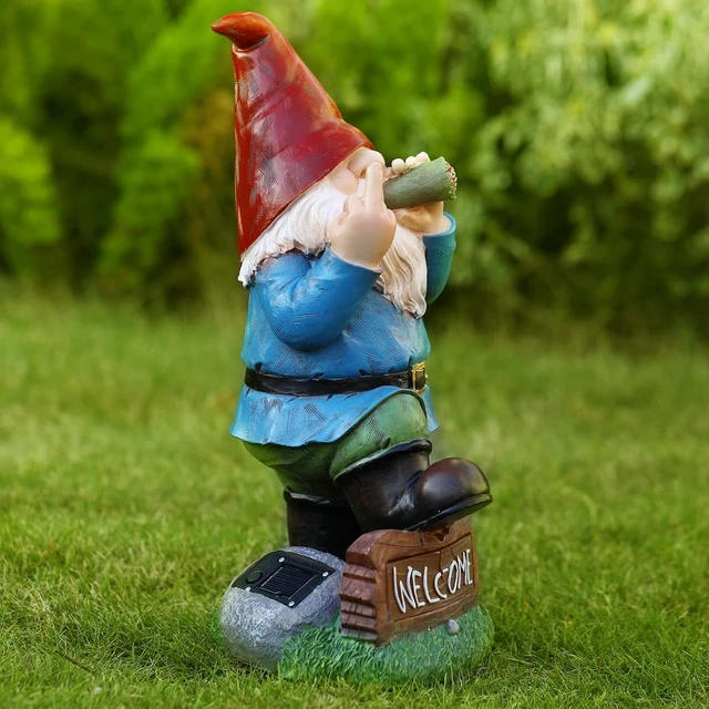 Alt view image 5 of 7 - 13.5" Tall Funny Solar Garden Gnome Statue with LED Lights, Outdoor Decor