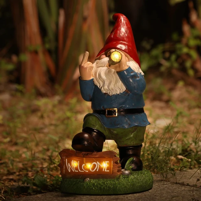 Alt view image 6 of 7 - 13.5" Tall Funny Solar Garden Gnome Statue with LED Lights, Outdoor Decor