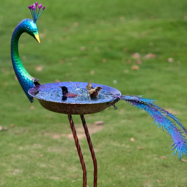 Main image of 12.8" W*38.2" H Peacock Metal Bird Bath Bowl, Outdoor