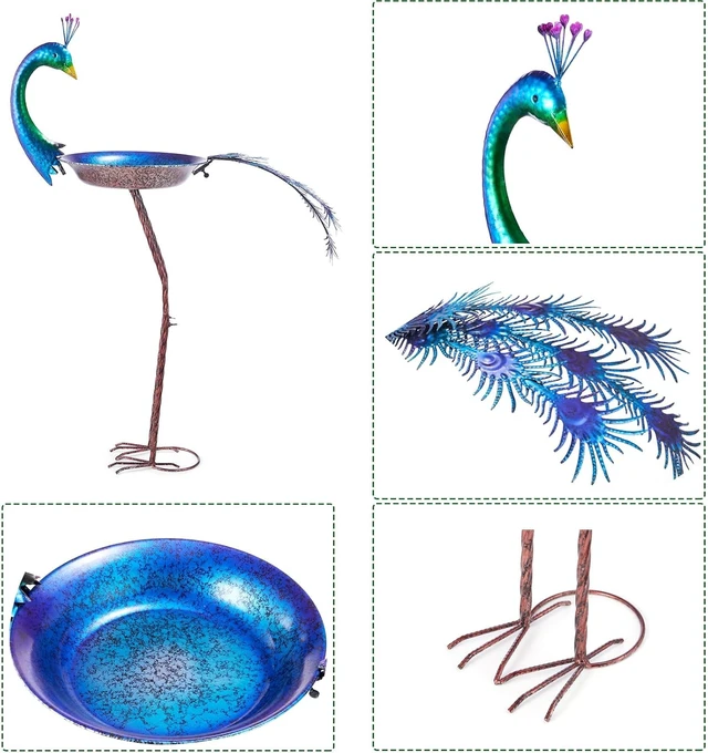Alt view image 3 of 6 - 12.8" W*38.2" H Peacock Metal Bird Bath Bowl, Outdoor
