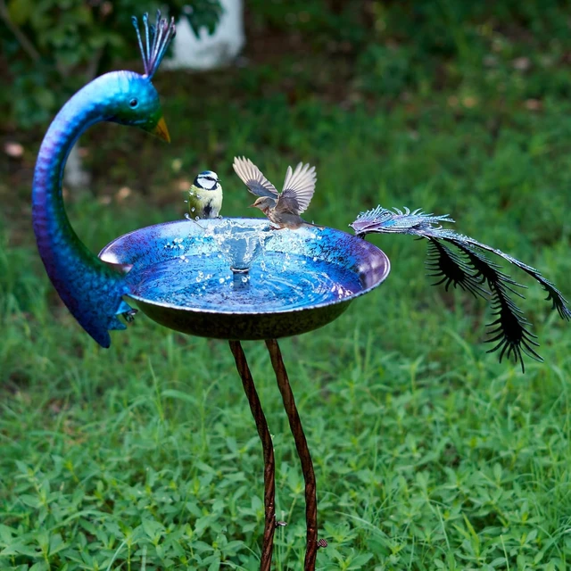Alt view image 4 of 6 - 12.8" W*38.2" H Peacock Metal Bird Bath Bowl, Outdoor