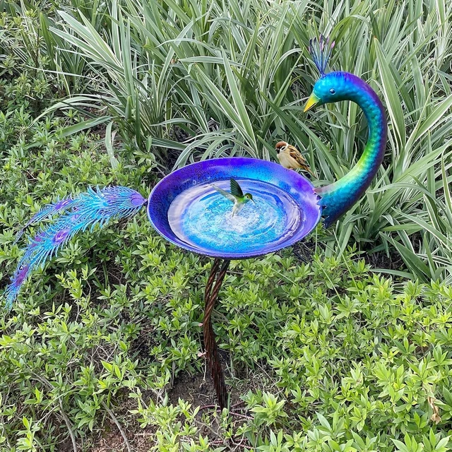 Alt view image 6 of 6 - 12.8" W*38.2" H Peacock Metal Bird Bath Bowl, Outdoor