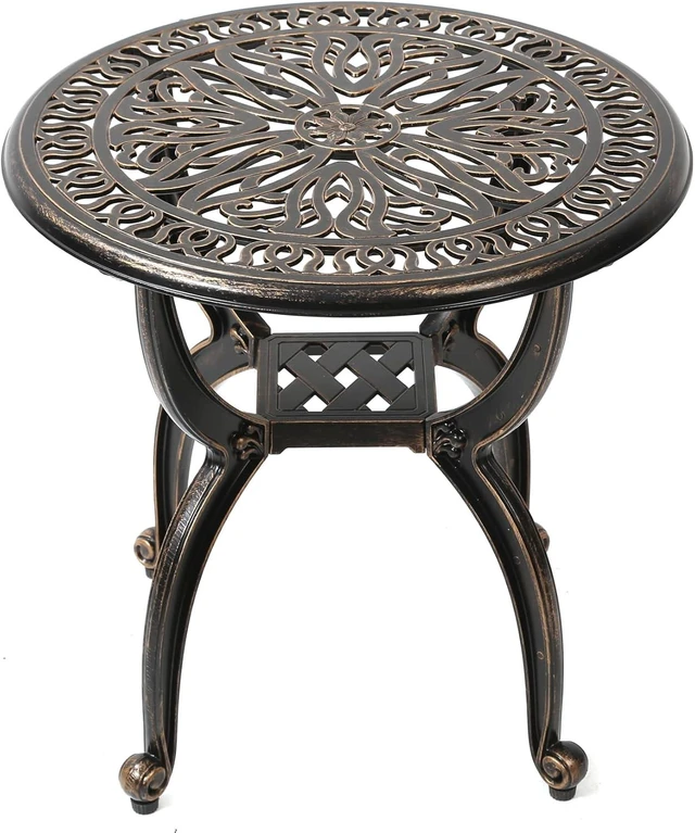 Main image of Cast Aluminum Outdoor Side Table, Decorative End Table with Ornate Floral Pattern (Round, Copper)